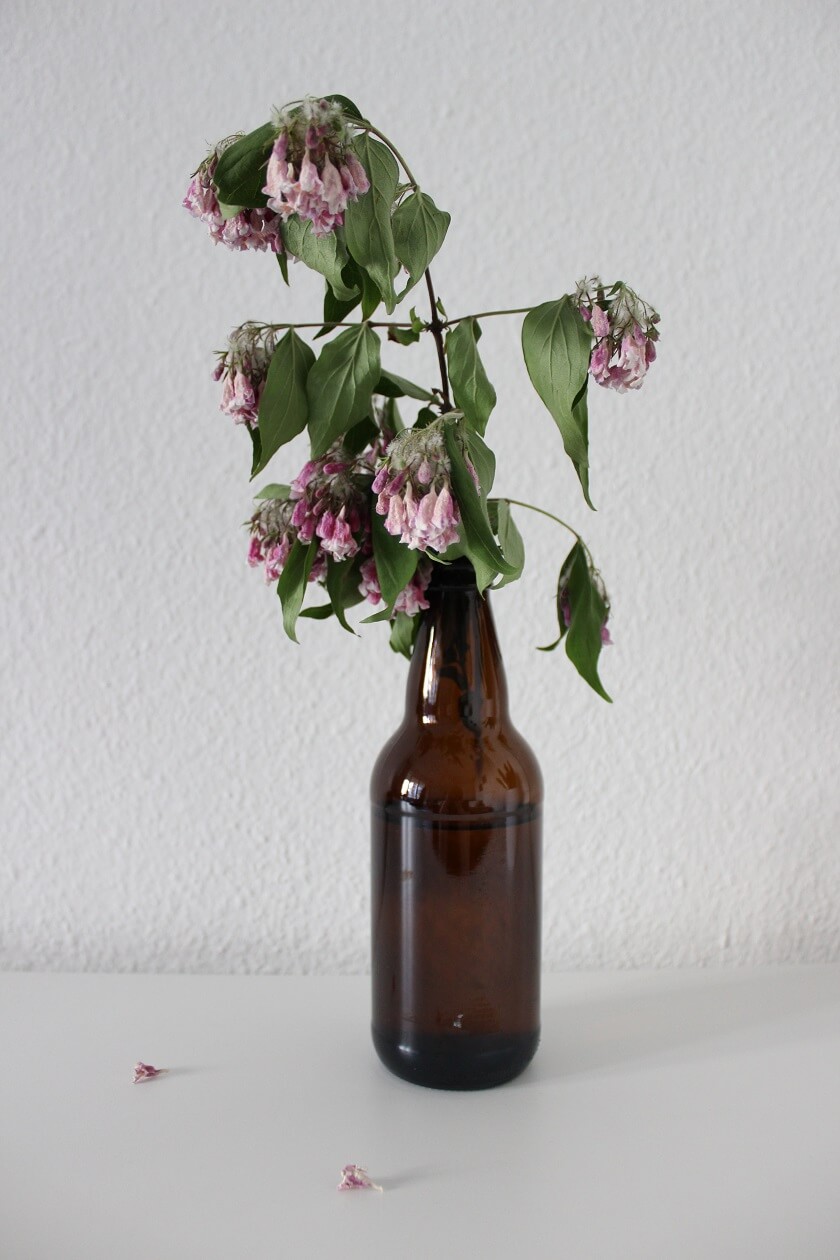Verdorrte Blumen in einer geupcycelten Bierflasche als Vase