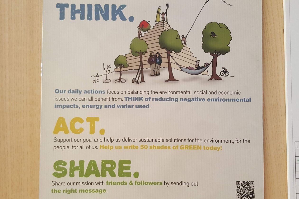 Ein Schild an der Tür des Hostelzimmers, das aufruft zu 'Think. Act.Share.'